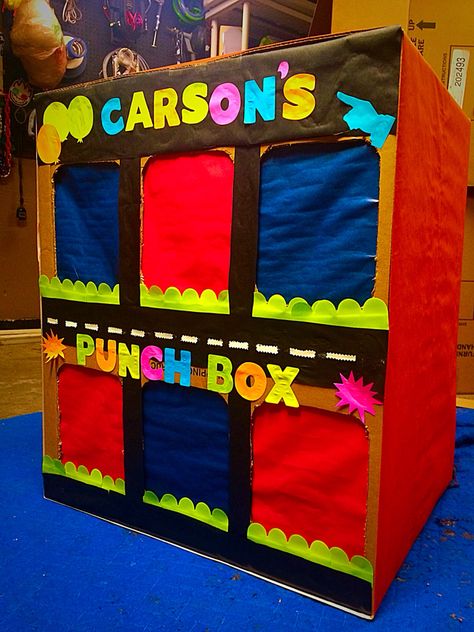 DIY Punch Box created for my nephews 6th birthday! Each spot has a gift in it... He has to punch through the paper holes to get each of his gifts! Punch Box Diy, Punch Box Birthday Gift Ideas, Diy Surprise Box, Funny Prom, Christmas Gift Games, Surprise Birthday Gifts, Fitness Event, Surprise Box Gift, Birthday Card Craft