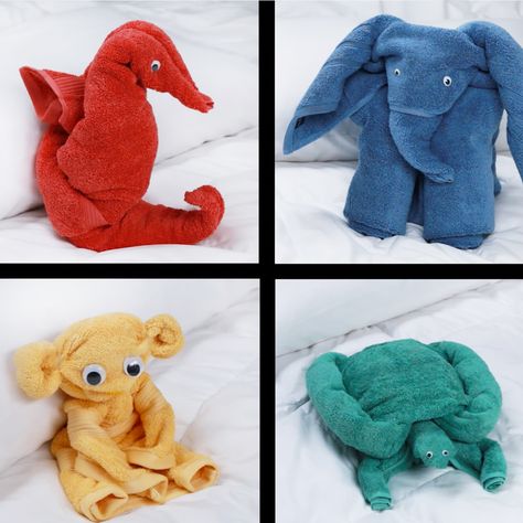 Watch: Nifty - How To Make Towel Animals Make Animals Out Of Towels, How To Fold A Towel Into A Bunny, How To Make Towel Animals, Animal Towels, Washcloth Animals, Towel Origami, Towel Folding, Towel Art, Folding Towels