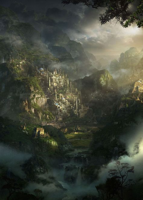 terraquia 1 City In The Mountains, Forest City, Heroic Fantasy, Fantasy City, Fantasy Places, Fantasy Setting, Matte Painting, Fantasy Concept Art, High Fantasy