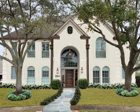 Favorite Whites for Your Home's Exterior | Blog | brick&batten Benjamin Moore Exterior, Origami White, Painted Brick House, Brown Roof, Stucco Homes, Time And Time Again, Painted Brick, House Paint Exterior, Exterior Paint Colors