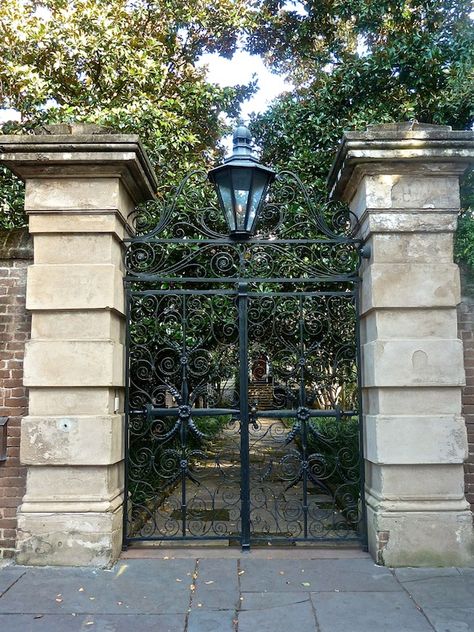 Outdoor Lighting | Gas lantern | Urban Electric Co. Cottage Courtyard, Charleston Gates, Estilo Charleston, Cobblestone Walkway, Secret Garden Ideas, Shade Loving Shrubs, Deck Cleaner, Plants Under Trees, Charleston Gardens