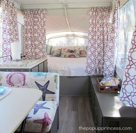 Beachy Pop Up Camper Tent Trailer Remodel, Pop Up Campers, Pop Up Princess, Pop Up Tent Trailer, Popup Camper Remodel, Camper Diy, Pop Up Trailer, Wallpaper Luxury, Camping Camper