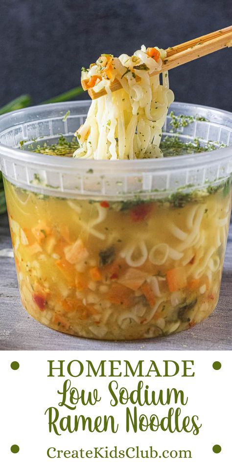 If your family loves instant Top Ramen noodles but you're looking for a lower sodium option, you've got to try our homemade version. This 3 ingredient recipe is packed with veggies, is gluten-free, and super flavorful without all the extra salt. Low Sodium Ramen, Sodium Free Recipes, Healthy Ramen Recipes, Easy Low Sodium Recipes, Top Ramen Noodles, Low Sodium Recipes Heart, Low Sodium Soup, Salt Free Recipes, Healthy Ramen