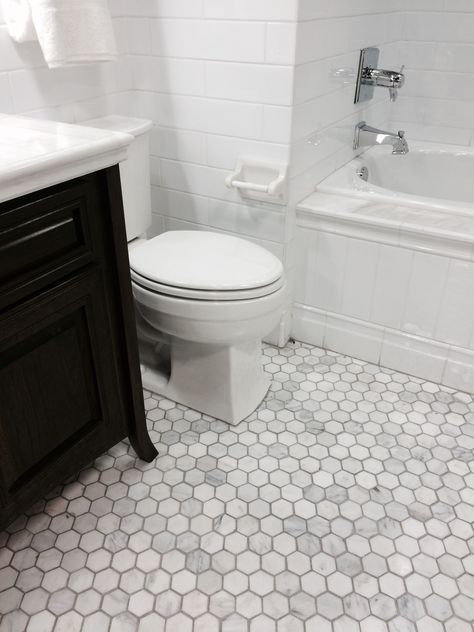 2" marble hexagon floor tile Grey Marble Hexagon Tile Bathroom, Bathroom Marble Hexagon Floor, Hex Wall Tile Bathroom, Hexagon Carrara Tile Bathroom, Hexagon Tile With Dark Grout, Guest Bathroom Ideas Hexagon Tile, Hexagon Tiled Bathrooms, Small White Hexagon Tile Bathroom Floor, Small Hexagon Bathroom Floor