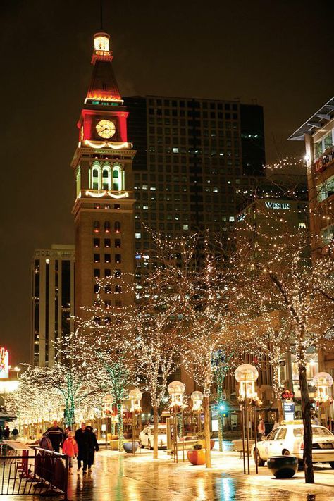 Downtown Denver, Colorado, USA Travel Denver, Lights On Trees, Denver Christmas, Downtown Denver Colorado, Denver Downtown, Colorado Aesthetic, Colorado Christmas, Denver Modern, Denver Travel