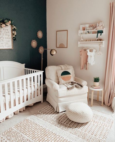 Baby Boho Nursery, Green Nursery Girl, Nursery Accent Wall, Nursery Reveal, Green Accent Walls, Baby Nursery Inspiration, Nursery Room Design, Girl Nursery Room, Home Design Diy