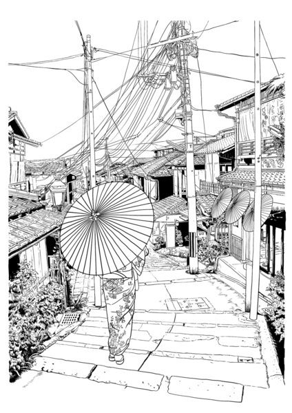 VIEWS OF JAPAN DRAWING SERIES by parisian samurai, via Behance Hannya Maske, Perspective Drawing Architecture, City Sketch, Pencil Drawing Tutorials, Drawing Hair, Japan Street, City Drawing, City Poster, Perspective Drawing