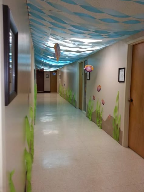 under the sea hallway Under The Sea Hallway Theme, Ocean Theme School Hallway, Under The Sea Ra Theme, Under The Sea School Decorations, Under The Sea Homecoming Theme, Under The Sea Hallway Decorations, Under The Sea Hallway, School Hallway Decor, Under The Sea Party Decorations