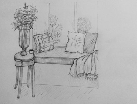 Corner Drawing, Window Sketch, Table Sketch, Sketch Flower, Sketch Simple, Window Drawing, Sketches Simple, Cute Cartoon Drawings, Drawing Inspo