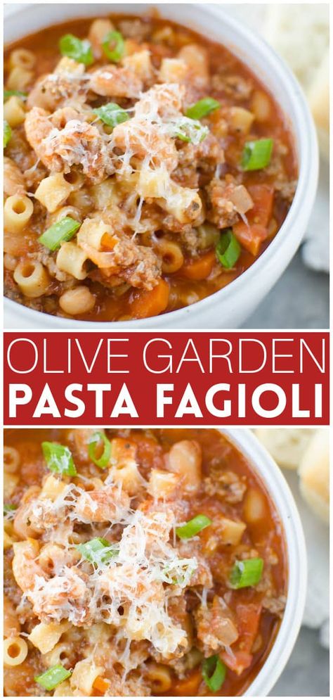 Pasta Fagioli - Olive Garden copycat recipe. This hearty soup is filled with spicy Italian sausage, veggies, pasta, and beans and topped with fresh shredded Parmesan cheese. It is serious comfort food that the whole family will love! Olive Garden Pasta Fagioli, Soup Sunday, Pasta And Beans, Veggies Pasta, Olive Garden Pasta, Copycat Recipes Olive Garden, Spicy Italian Sausage, Olive Garden Copycat, Soup Ideas