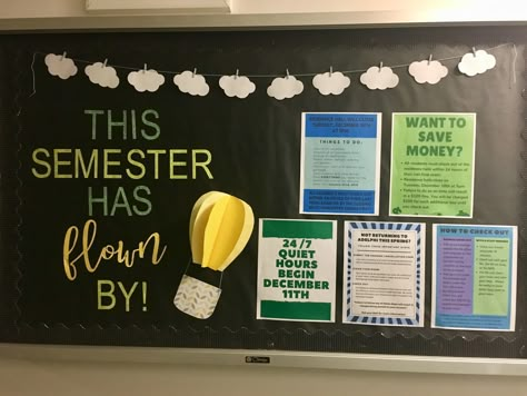 This Semester Has Flown By! | RA Bulletin Board | Hot Air Balloon | ResLife | Resident Assistant End Of Year Ra Bulletin Board, End Of Semester Bulletin Board Ra, Move Out Bulletin Board Ra, Closing Bulletin Board Ra, Ra Bulletin Boards Spring Semester, Door Tags Resident Assistant, Resident Assistant Door Decs, Dorm Bulletin Boards, Res Life Bulletin Boards