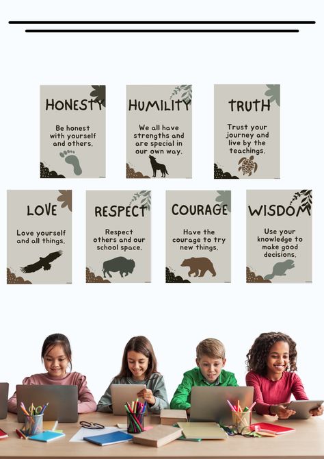 A beautiful way to display the Seven Sacred/Grandfather Teachings in your classroom, office, gym, arena, library or other public space. These neutral, aesthetic posters are a great reminder of Indigenous knowledge and teachings. Download comes with the original Seven Grandfather Teachings poster list, as well as 7 individual posters with each teaching and animal. 3:4 ratio size The Seven Grandfather Teachings, 7 Grandfather Teachings Activities, Poster Prints Dark, 7 Grandfather Teachings, 7 Sacred Teachings, Seven Sacred Teachings, Kindergarten Artwork, Seven Teachings, Seven Grandfather Teachings