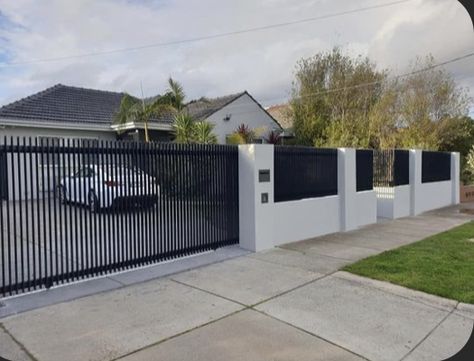 Remote Control Driveway Gates, Front Electric Gate, Fence Designs Modern, Gate Around House, Two Gates Design, Front Fence Electric Gate, Front Fences And Gates Driveways, Fence Design With Gate, Home Gates Design