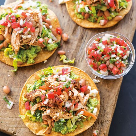 Chicken Tostadas with Avocado and Tangy Slaw Tangy Slaw, Tostada Recipes, Chicken Tostadas, Tender Chicken, Mexican Dishes, Shredded Chicken, Williams Sonoma, Easy Chicken, Tortillas