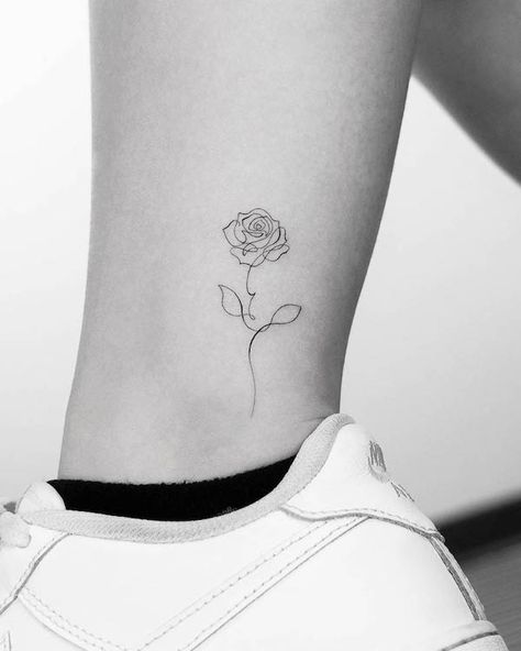 Rose Tattoo On Ankle, One Line Tattoo, Rose Tattoos For Women, Ankle Tattoos For Women, Small Rose Tattoo, Flame Tattoos, Cute Tattoos For Women, Discreet Tattoos, Dainty Tattoos