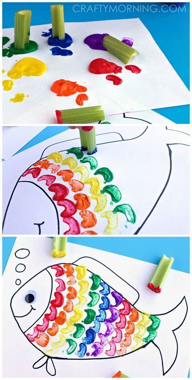 Rainbow Fish Craft Using Celery as a Stamp - Great craft for kids! | CraftyMorning.com Rainbow Fish Craft, Rainbow Fish Crafts, Oppgaver For Barn, Fish Craft, Fish Crafts, Ocean Crafts, Rainbow Fish, Daycare Crafts, Kindergarten Art