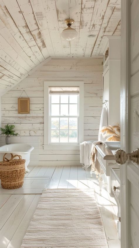 Bedroom Back Wall Design, Bedroom Back Wall, White Wood Bathroom, Back Wall Design, Farmhouse Bathroom Inspiration, Coastal Farmhouse Decor, Attic Bathroom, Attic Spaces, Wood Bathroom