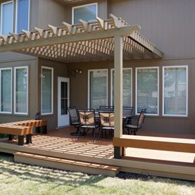 Deck Ideas & Designs | Pictures & PhotoGallery | Decks.com by Trex Ground Level Deck, Deck Pergola, Pergola Shade Cover, Low Deck, Concrete Patios, Patio Deck Designs, Pergola Ideas, Wooden Pergola, Backyard Pergola