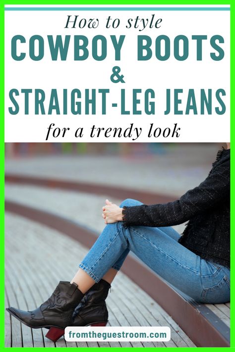 a woman wears cowboy boots with straight leg jeans Jeans With Cowboy Boots Outfits, Outfit Ideas Cowboy Boots, Boots With Straight Leg Jeans, Western Ankle Boots Outfit, Ankle Cowboy Boots Outfit, Short Cowboy Boots Outfit, Western Boot Outfit, Red Cowboy Boots Outfit, Cowboy Boots Women Outfits