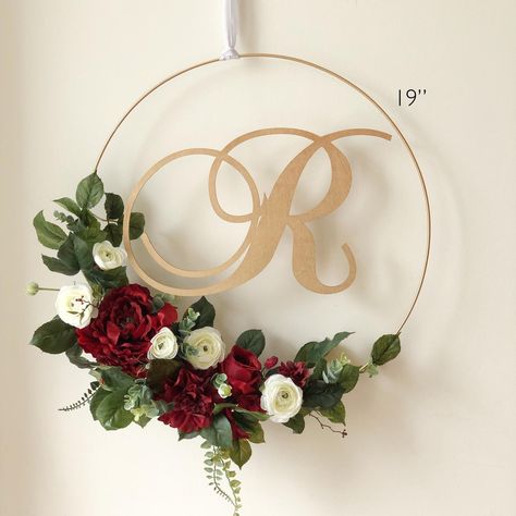 Wreath With Initial, Floral Hoop Wreath, Baby Shower Wreath, Modern Wreath, Flowers Wreath, Wedding Wreaths, Floral Hoops, Floral Backdrop, Burgundy Flowers