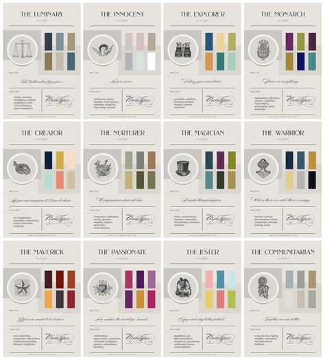 Classic Style Archetype, Caregiver Brand Archetype Colors, Creator Brand Archetype Colors, 12 Jungian Archetypes, The Diva Archetype Aesthetic, The Lady Archetype Outfits, Jester Brand Archetype Moodboard, Brand Archetypes Sage, The Nurturer Archetype Aesthetic