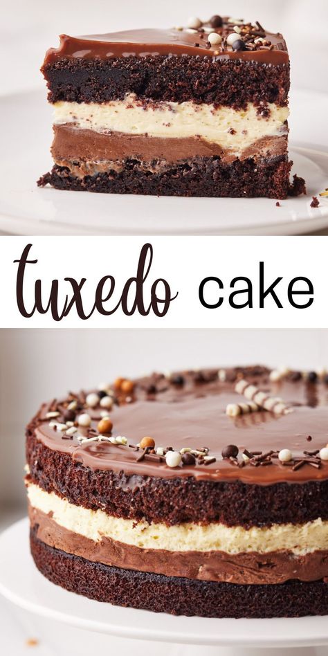 Costco Copycat, Cake Dark Chocolate, Triple Chocolate Mousse, Costco Cake, Triple Chocolate Mousse Cake, Tuxedo Cake, Mousse Cake Recipe, Dark Chocolate Mousse, Chocolate Mousse Cake