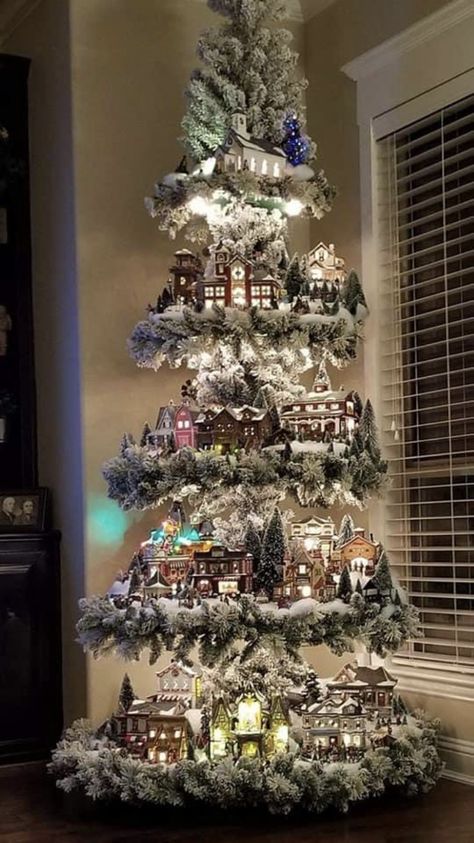 Tree Village Display, Ladder Christmas Tree, Diy Christmas Village Displays, Christmas Tree Village Display, Tree Village, Christmas Tree Inspo, Christmas Tree Village, Tree Display, Wall Christmas Tree