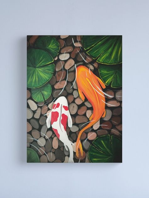 "The Koi Pond" Canvas Print by FantasySkyArt | Redbubble Acrilic Drawings Ideas, Koi Pond Art, Art Mini Toile, Pond Painting, Art Hacks, Koi Art, Canvas Drawing, Hippie Painting, Cute Canvas Paintings