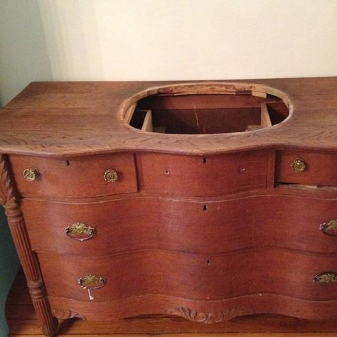 Upcycle Vanity Bathroom, Using Old Dresser For Bathroom Vanity, Old Dresser Bathroom Vanity Diy, Bathroom Ideas With Wood Vanity, Bathroom Vanity Made From Old Furniture, Easy Kitchen Updates Diy Budget, Thrifted Bathroom Vanity, Refurbish Bathroom Vanity, Buffet Turned Into Bathroom Vanity