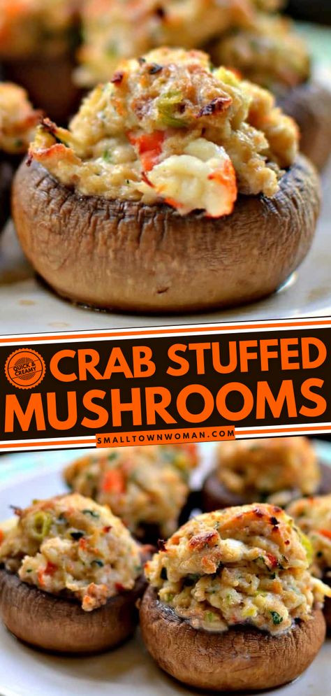 QUICK AND CREAMY CRAB STUFFED MUSHROOMS Crab Stuffed Mushrooms, Mushroom Appetizers, Creamy Crab, Crab Stuffed, Best Appetizer Recipes, Crab Recipes, Party Appetizer, Perfect Appetizers, Party Food Appetizers