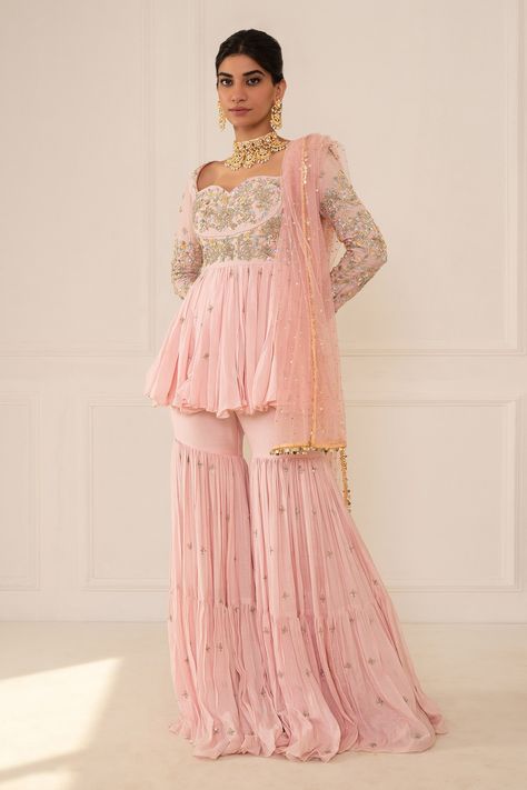 Shop for these amazing collections of Pink Cotton Silk Embroidery Sweetheart Neck Sharara Set For Women by Mani Bhatia online at Aza Fashions. Magenta Sharara Suit, Latest Sharara Suits Party Wear, Peplum Gharara, Shadi Outfits, Marriage Outfit, Dotti Dresses, Gharara Suits, Sharara Designs, Desi Outfits