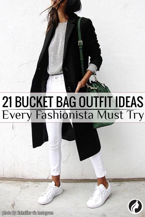 A bucket bag has many advantages: firstly, it is fashionable; secondly, it is compact; and most importantly, it is appropriate to wear it to work. Bucket Bag Purse, White Bucket Bag Outfit, Leather Bucket Bags, Bucket Bag Outfit Street Styles, Black Bucket Bag Outfit, Mini Bucket Bag Outfit, Everyday Bucket Bag, Designer Bucket Bag, Bucket Bag Street Style