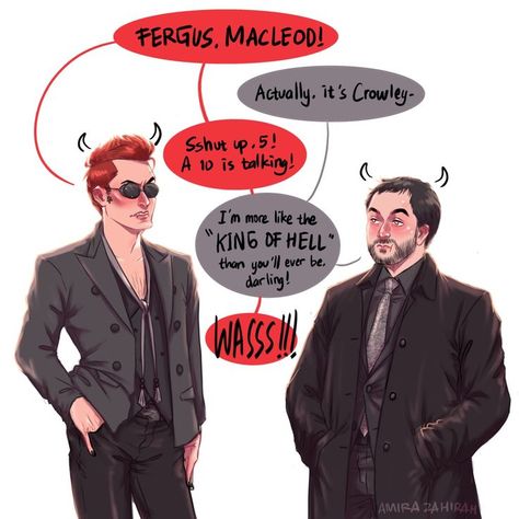 Good Omens Crossover, Here Comes A Thought, Crowley Spn, Good Omens Fanart, Supernatural Crossover, Supernatural Drawings, Supernatural Ships, Supernatural Comic, Fantasy Tv