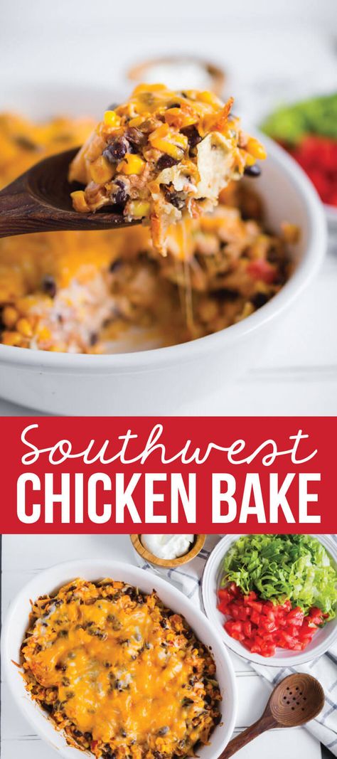 Southwest Chicken Bake- make this yummy main dish and enjoy! from www.thirtyhandmadedays.com Southwest Style Chicken Bake, Southwest Shredded Chicken, Southwest Chicken Bake, Southwest Chicken Casserole, Southwest Recipes, Southwestern Recipes, Meal Train Recipes, Southwest Chicken, Chicken Bake