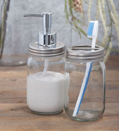 Classic Set of 2 Glass Bathroom ~Toothbrush Holder ~ Soap Pump Lotion Dispenser Clear >>> Click on the image for additional details.-It is an affiliate link to Amazon. #bathroom Glass Bedside Lamps, Turquoise Bathroom, Mason Jar Design, Beachfront Decor, Ceramic Soap Dispenser, Mason Jar Soap Dispenser, Mason Jar Bathroom, Beach Bathroom Decor, Soap Pump Dispenser