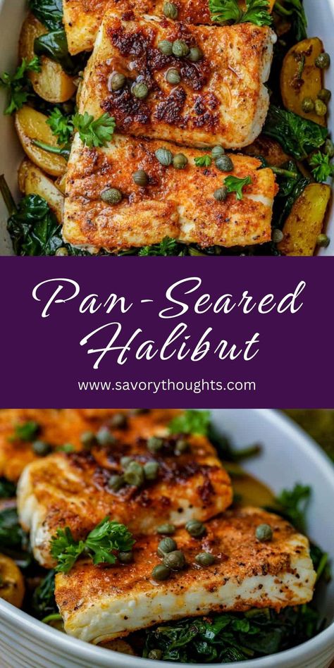 Pan-Seared Halibut. Pan Seared Halibut Recipes, Potatoes And Spinach, Vegan Thanksgiving Dinner, Easy Cheap Dinner Recipes, Slow Cooker Lamb, Halibut Recipes, Pork Recipes Easy, Haitian Food Recipes, Meatless Main Dishes