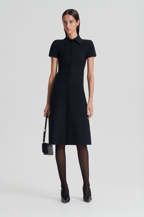 CREPE KNIT ZIP SHIRT DRESS - BLACK - Scanlan Theodore AU Modern Workwear, Shirt Dress Black, Knit Dresses, Zip Shirt, Scanlan Theodore, Minimalist Silhouette, Royal Ascot, Mini Shirt Dress, Black Shirt Dress