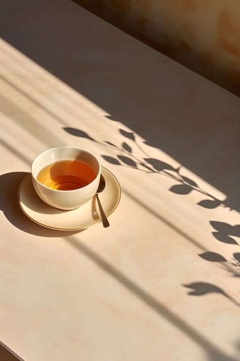 A cup of tea on a table, bathed in warm sunlight, hinting at tranquility. Tea At Home Aesthetic, Autumn Tea Photography, A Cup Of Tea Aesthetic, Tea Still Life Photography, Organic Lifestyle Aesthetic, Tea Product Photography Ideas, Product Photography Natural Light, Thé Aesthetic, Loose Leaf Tea Photography