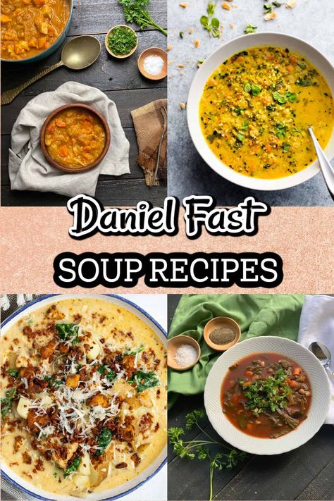 Looking for Daniel Fast soup recipes? You’ve come to the right place. Get ready to try some of the most delicious soups you've ever eaten. What's more, these soups are all vegan, with no added sugar or any processed ingredients. Eating healthier is at the top of everyone's list these days, but you don't have to sacrifice flavor. Let us prove it to you, and let us know which is your favorite! Vegetable Soup Daniel Fast, Daniel Fast Potato Soup, Daniel Fast Food List Meals, Daniel Fast Lentil Soup, Soups For Fasting, Meals For Daniel Fast, Daniel Fast Recipes For Kids, Daniel 21 Day Fast, Quick Daniel Fast Meals