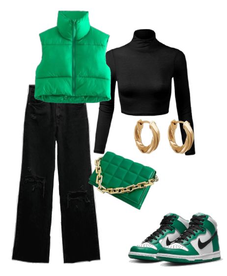 #outfits #fashion #nike #nikesneakers #jordan #green #puffervest Green Nikes Outfit, Black And Green Outfit Aesthetic, Green And Black Outfits, Black And Green Outfit, Pine Green Outfit, Jordan Green, Winter Coat Outfits, Boss Outfit, Shein Outfits