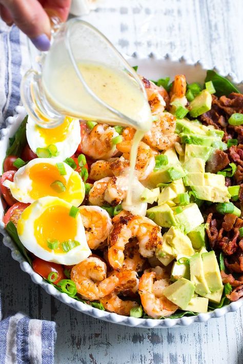 Salads Recipes For Dinner Shrimp, Cobb Salad With Shrimp, Shrimp On Salad Recipes, Boiled Shrimp Salad, Shrimp Cobb Salad Recipes, Green Salad With Shrimp, Shrimp Salad Dressing Recipes, Salad With Fish, Lemon Garlic Vinaigrette