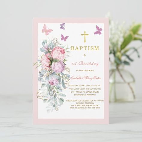 $2.98 - Pink Butterfly Baptism First Birthday Invitation - elegant, girl, first, birthday, baptism and first birthday invitation, blush pink, gold, first birthday and baptism invitation, butterfly baptism first birthday Baptism And First Birthday Girl, First Birthday Girl Invitations, Butterfly Birthday Theme, Invitation Elegant, Baptism Invitation, Butterfly Theme, Elegant Girl, Baptism Invitations, Rustic Invitations