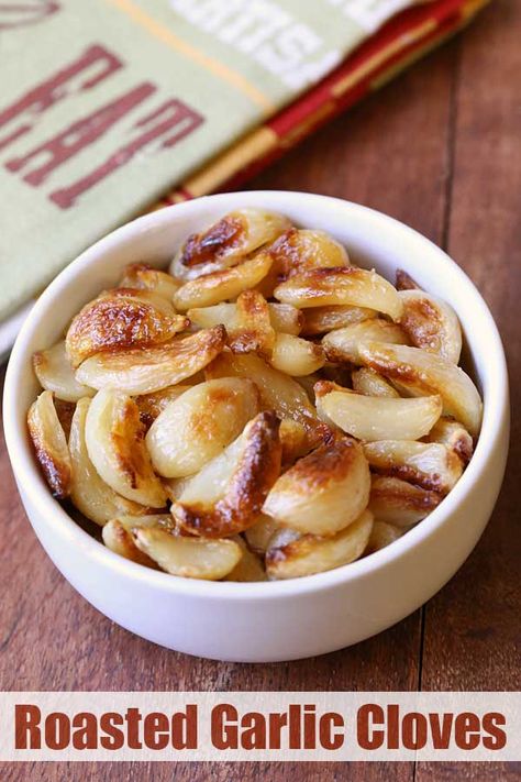 Tasty, creamy roasted garlic cloves make a wonderful topping for warm bread, mashed cauliflower, or any cooked vegetable.  #garlic #keto #lowcarb #paleo #glutenfree #sidedishes Cloves Recipes, Roasted Garlic Recipe, Roasted Garlic Cloves, Clam Recipes, Baked Garlic, Garlic Recipes, Grilling Chicken Breast, Healthy Food Blogs, Serious Eats