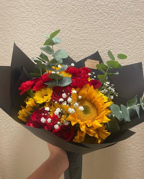 #flowers #bouquet #love #red #yellow #roses #sunflowers #rosesandsunflowers #pretty #aesthetic #bouquetofflowers #bouquetideas Yellow And Red Flower Bouquet, Red And Yellow Bouquet, Sunflower Rose Bouquet, Hoco Bouquet, Yellow Flowers Bouquet, White Tulip Bouquet, Red Rose Arrangements, Red Flower Bouquet, Prom 23