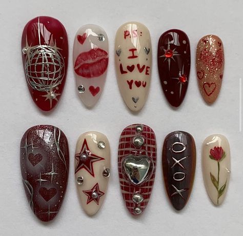 Red Nail Art, Hippie Nails, Grunge Nails, Red Nail Designs, Pretty Gel Nails, Really Cute Nails, Kawaii Nails, Press Ons, Nails Gel