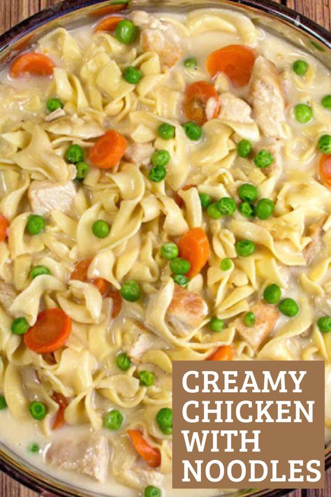 This skillet creamy chicken with noodles are the perfect weeknight dinner recipe Chicken Peas Pasta, Peas And Carrots Recipe, Chicken With Noodles, Noodles Dinner, Creamy Chicken And Noodles, Chicken And Egg Noodles, Chicken Main Dish Recipes, Crockpot Chicken And Noodles, Chicken And Noodles