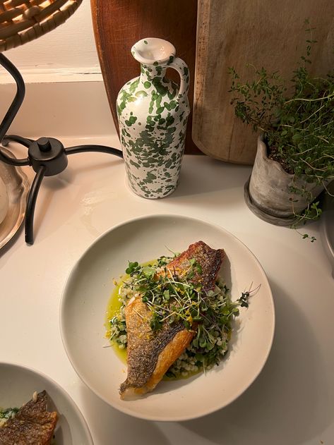 Crispy Branzino over Fregola & Salsa Verde — Justine's Table Branzino Recipe Filet, Branzino Fish Recipe, Branzino Recipe, Healthier Meals, Falafels, Scallop Recipes, Summer Meals, Dinner Inspiration, Private Chef