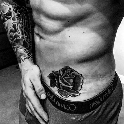 Mens Hip Tattoos, Lower Hip Tattoos, Maori Tattoo Frau, A Rose Tattoo, Side Stomach Tattoos, Abdomen Tattoo, Lower Stomach Tattoos, Men Masculine, Tattoos Pinterest