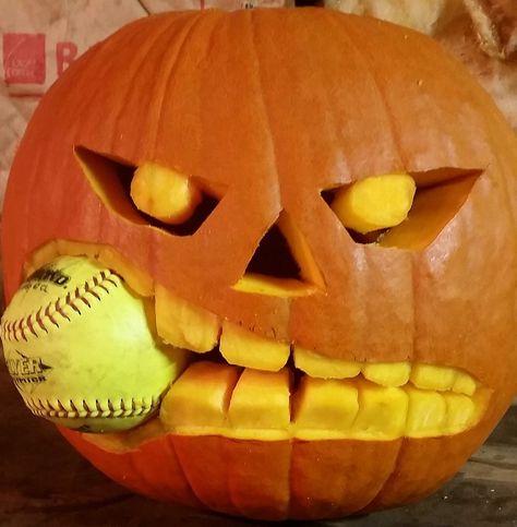 Softball Softball Pumpkin Carving Ideas, Softball Pumpkin Ideas, Softball Pumpkins, Halloween Softball, Pumkin Ideas, Sports Crafts, Pumpkin Carving Stencils, Carving Templates, Carving Stencils