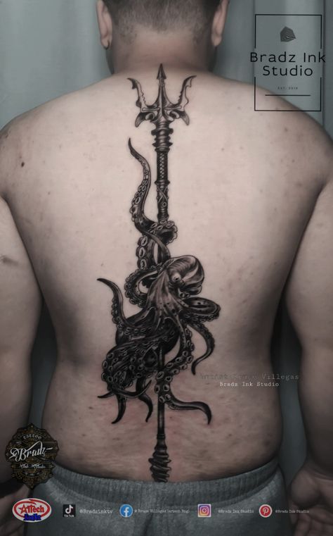 Octopus Trident Tattoo, Trident Tattoo, Poseidon Trident, Octopus Tattoo Design, Octopus Tattoo, Word Tattoos, Back Tattoo, Tattoo Design, Octopus